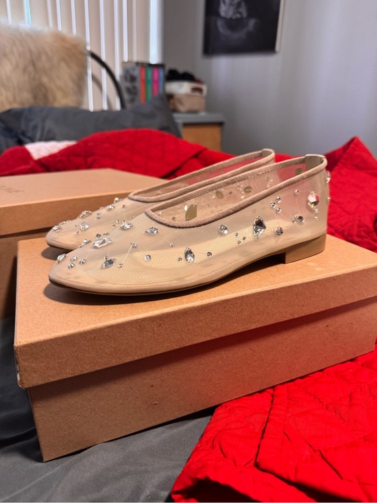 Shoes - Embellished Nude Mesh Ballet Flats with Crystal Accents